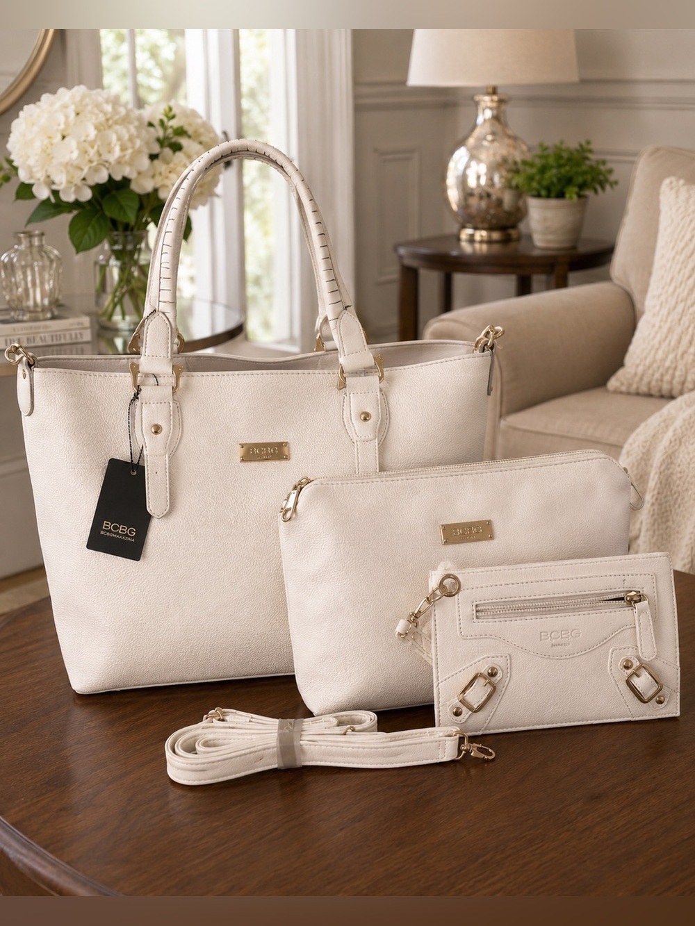 NWT BCBGMAXAZRIA Off-White 3-Piece Shoulder Bag Set | Tote, Crossbody & Pouch
